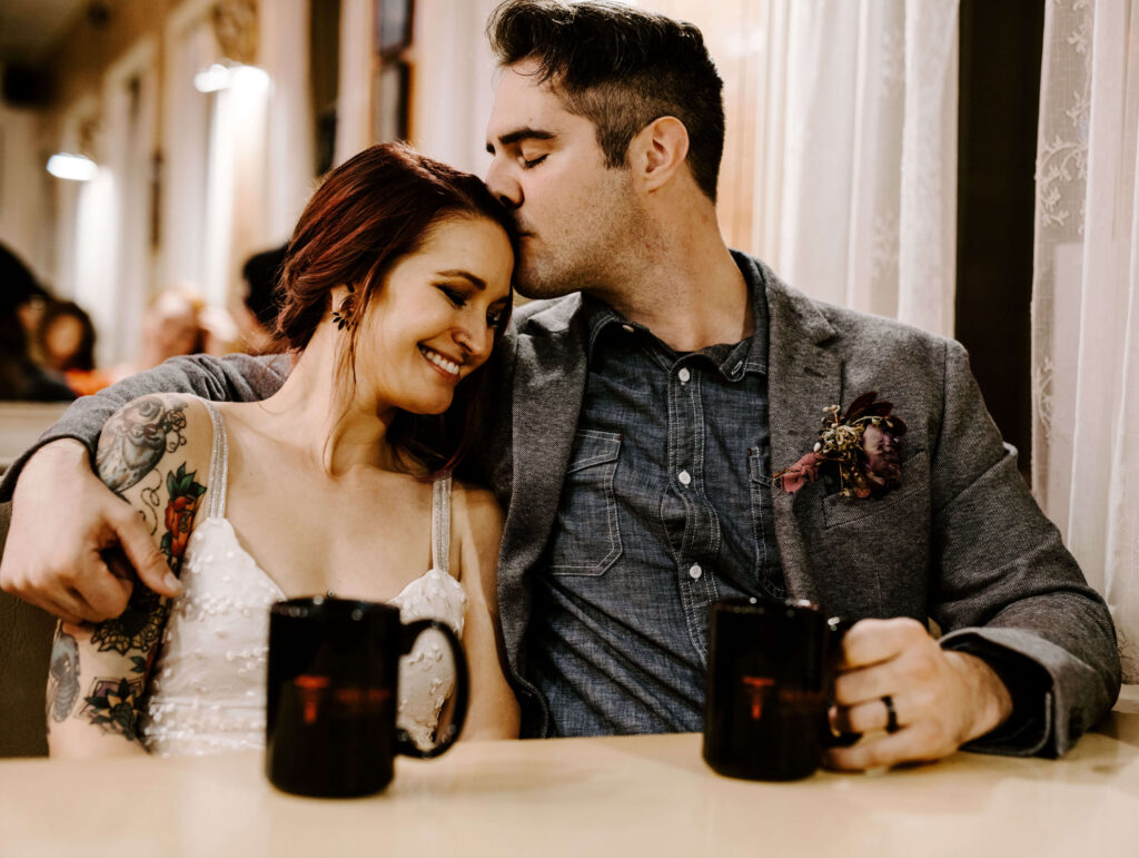 Couple gets coffee and pie after a Washington Elopement on Rattlesnake Ledge