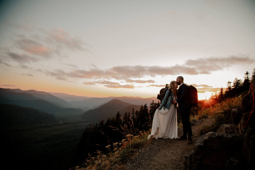 Couple elopes at top spur trailhead near mount hood.