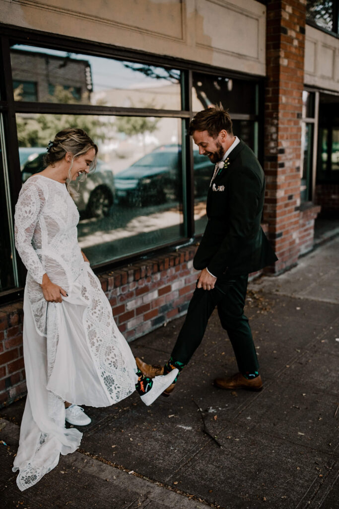Couple compares socks at their first look in Seattle.