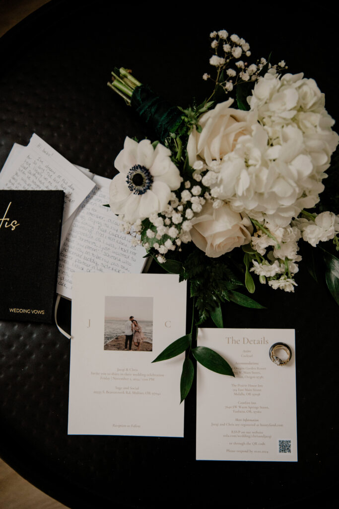wedding decorations and flowers at modern farmhouse wedding