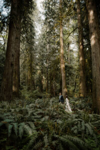 elopement couple hold hands walking through the olympic national park forest