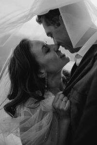 closeup of elopement couple under veil at olympic national park