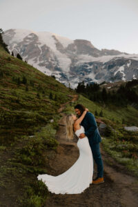 couple close together on post elopement hike in mount rainier range