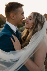 Close-up of bride and groom at smith rock