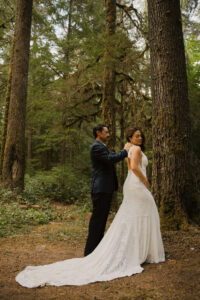 couple gets ready for their elopement at mount rainier national park